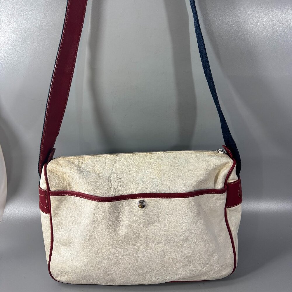 Authentic Vintage Gucci Off-White Leather w/ Red Leather Trims Message Bag